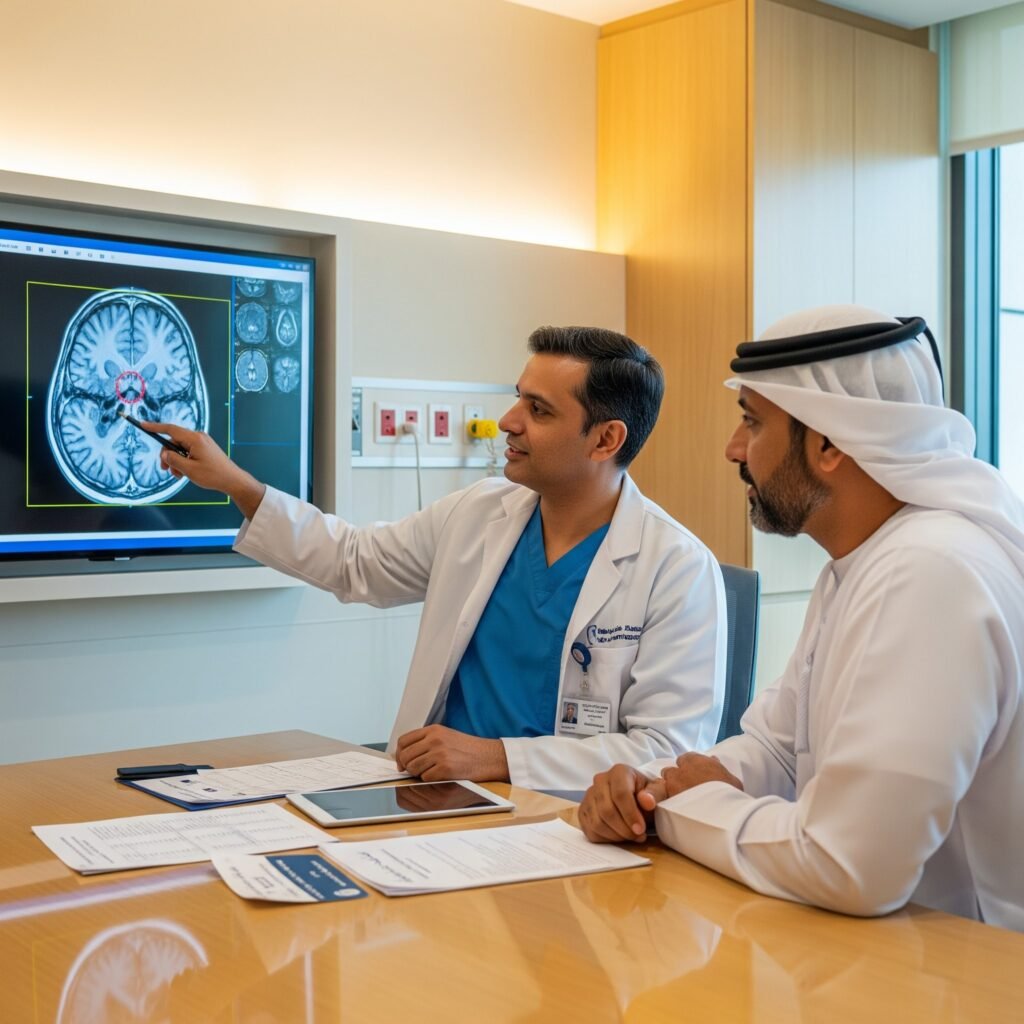 World-Class Neurological (Brain) Surgery in Bangalore image of a world class indian neurosurgeon consulting a uae or gulf patient inside a modern jci accredited hospital in bangalore.