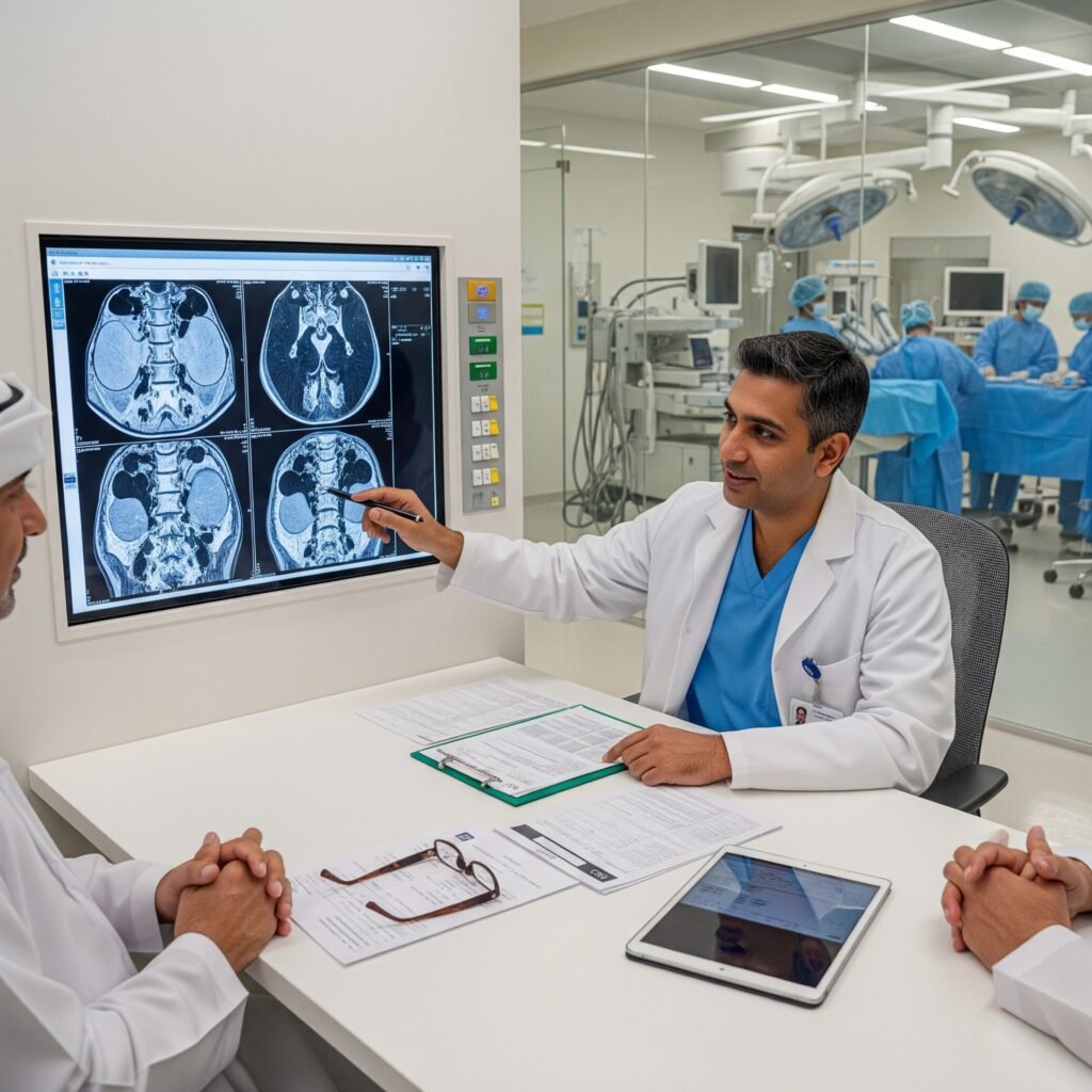 image of a world class spine surgeon consulting a gulf patient in a modern jci accredited hospital in bangalore.