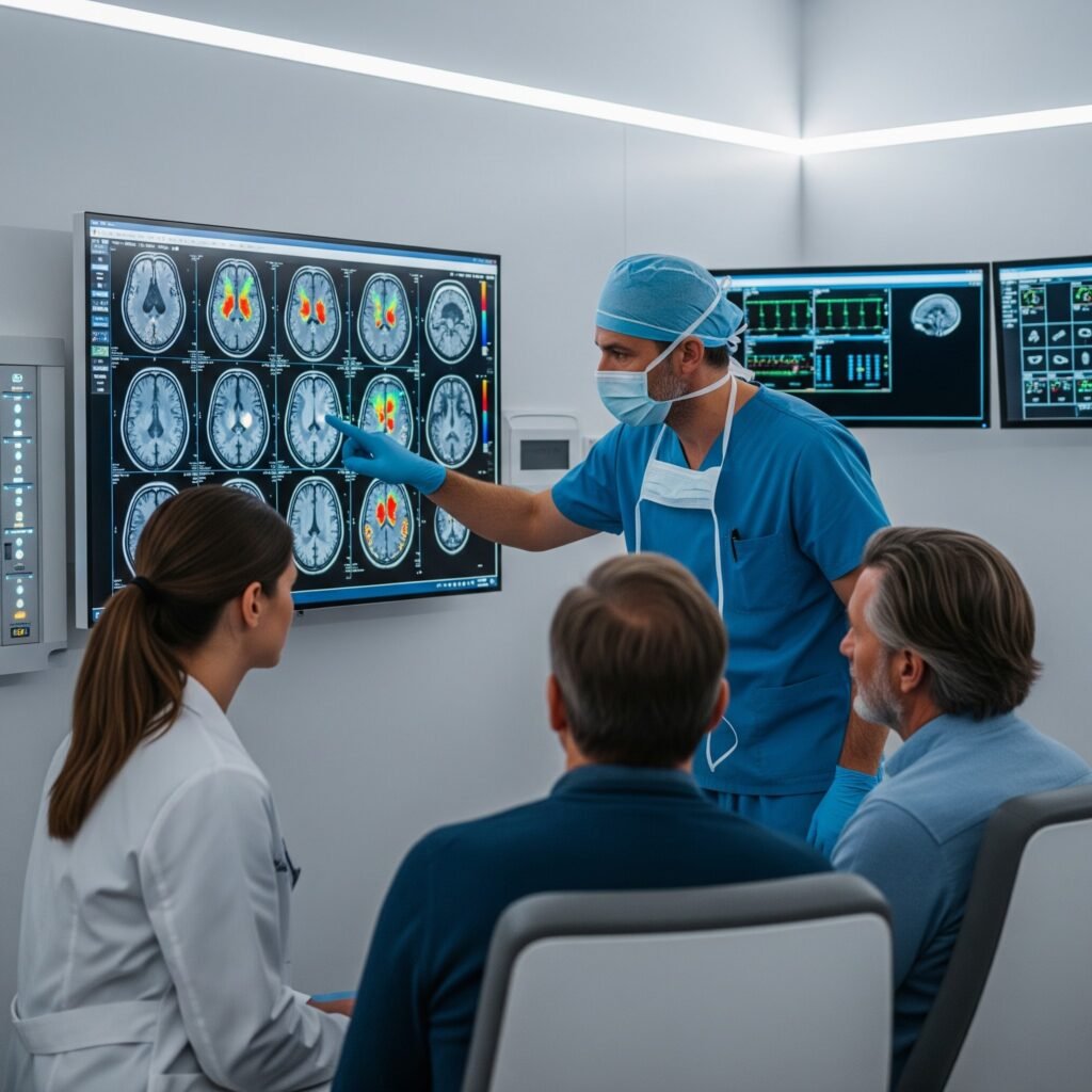 World-Class Neurological (Brain) Surgery in Bangalore photo of a neurosurgeon analyzing a brain mri on a digital monitor in a modern diagnostic room.